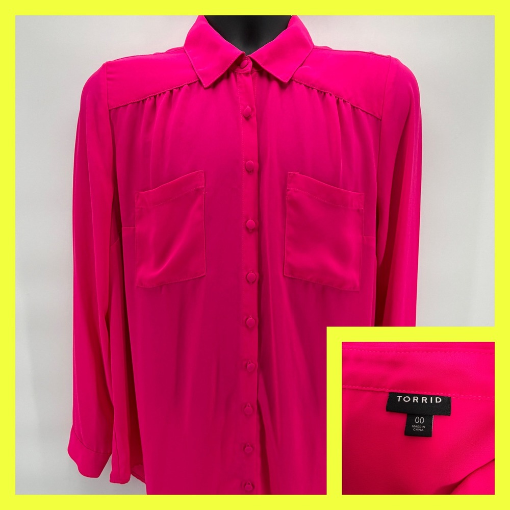 Torrid Madison Georgette Blouse Size 00 Large 10 Pink Button‎ Down Shirt Pockets